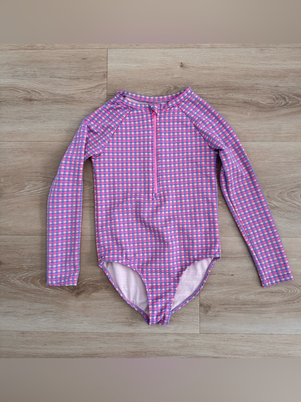 Paisley Lane Long-Sleeve Pink Plaid Rash Guard Swimsuit